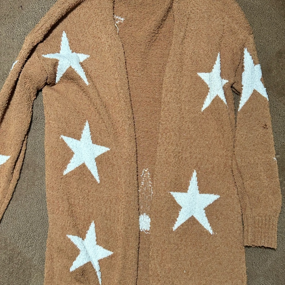 Altar'd State Tan Star Open-Front Cardigan with White Stars